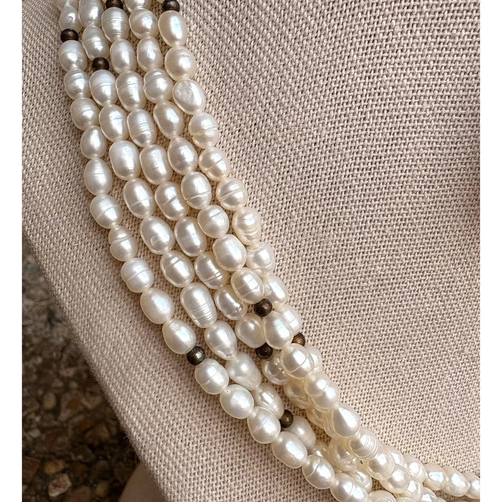 Vintage Faux White Pearl Gold Accent Jewelry Set 5 Strand Necklace‎ & Bracelet